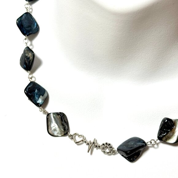 Blue Irregular Mother of Pearl Shell Necklace + Paw Print Heart Beat Pendant - Picture 1 of 13
